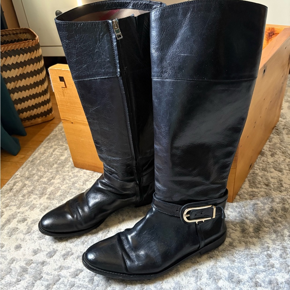 Black Over-the-Knee Leather Riding Boots with Buckle Detail